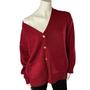 Vintage Oversized Slouchy Knit V Neck Cardigan Sweater Academia Burgandy Red